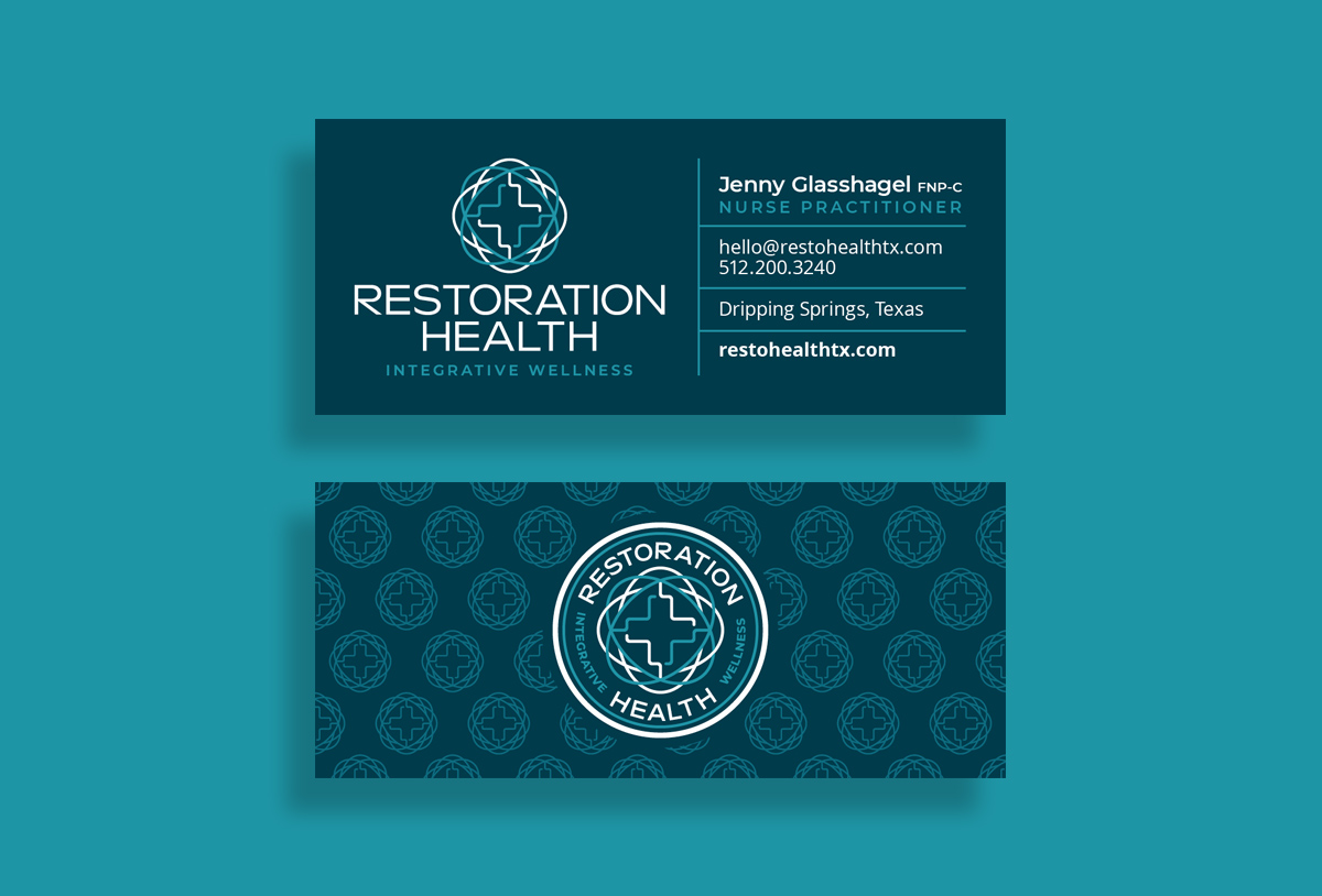 restoration health healthcare business card design by beau morrow for left hand design in austin texas