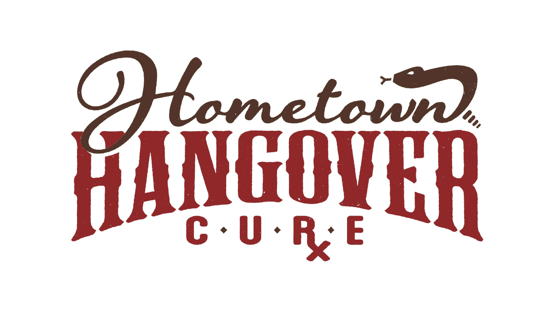 Logo for “Hometown Hangover Cure” featuring a mix of elegant script and bold western-style lettering. The word “Hometown” ends in a stylized snake illustration, and “CURE” is accented with a small cross symbol, giving the design a vintage, rustic vibe.