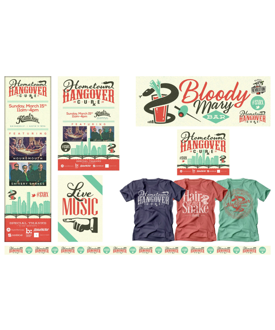 Promotional graphics for the “Hometown Hangover Cure” event on Sunday, March 15th at The Rattle Inn in Austin, Texas, featuring live performances by Houndmouth and Shivery Shakes. The designs highlight a retro-style Bloody Mary Bar, event posters, sponsor mentions, and themed t-shirts in navy, coral, and mint, with hashtags like #SXRX and a playful “Hair of the Snake” slogan.