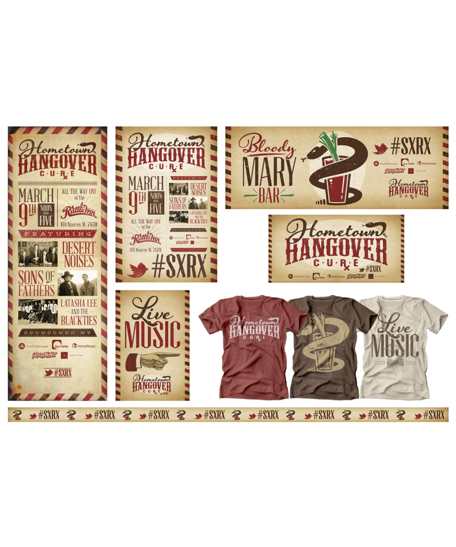 Promotional materials for the “Hometown Hangover Cure” event on March 9th at The Rattle Inn in Austin, Texas, featuring live music from Desert Noises, Sons of Fathers, and Latasha Lee & the BlackTies. Designs include vintage-style posters, a Bloody Mary Bar banner, branded t-shirts, and social media tags like #SXRX, all with a rustic red, tan, and brown color palette.