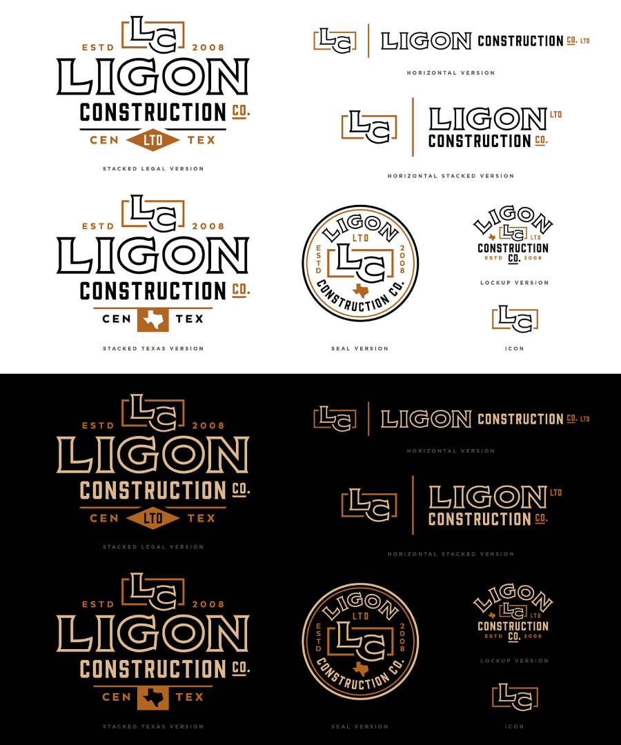 ligon construction logo design by beau morrow for left hand design in austin texas. A branding sheet for Ligon Construction Co. showcases multiple logo variations, including stacked, horizontal, seal, and icon formats. Designs appear in both black-on-white and gold-on-black color schemes, incorporating elements like the “La” monogram, “CEN TEX” or “LTD” tags, and a Texas silhouette. The layout highlights versatility across legal, geographic, and stylistic branding needs.