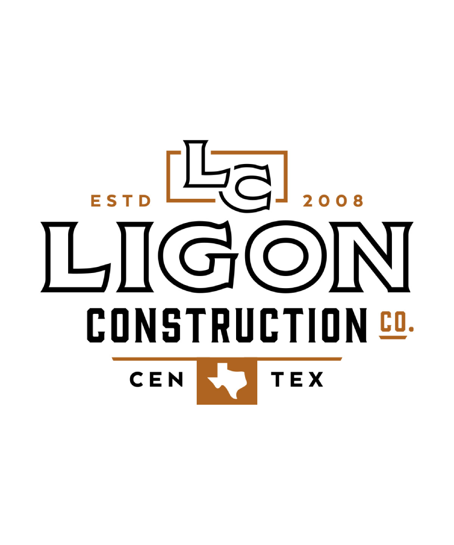 Ligon Construction Co. logo featuring bold black and burnt orange text with “La” stylized in a frame above the word “Ligon.” Below it reads “Construction Co.” in block lettering, with “Estd 2008” above and “Cen Tex” below, separated by a Texas state silhouette in orange.