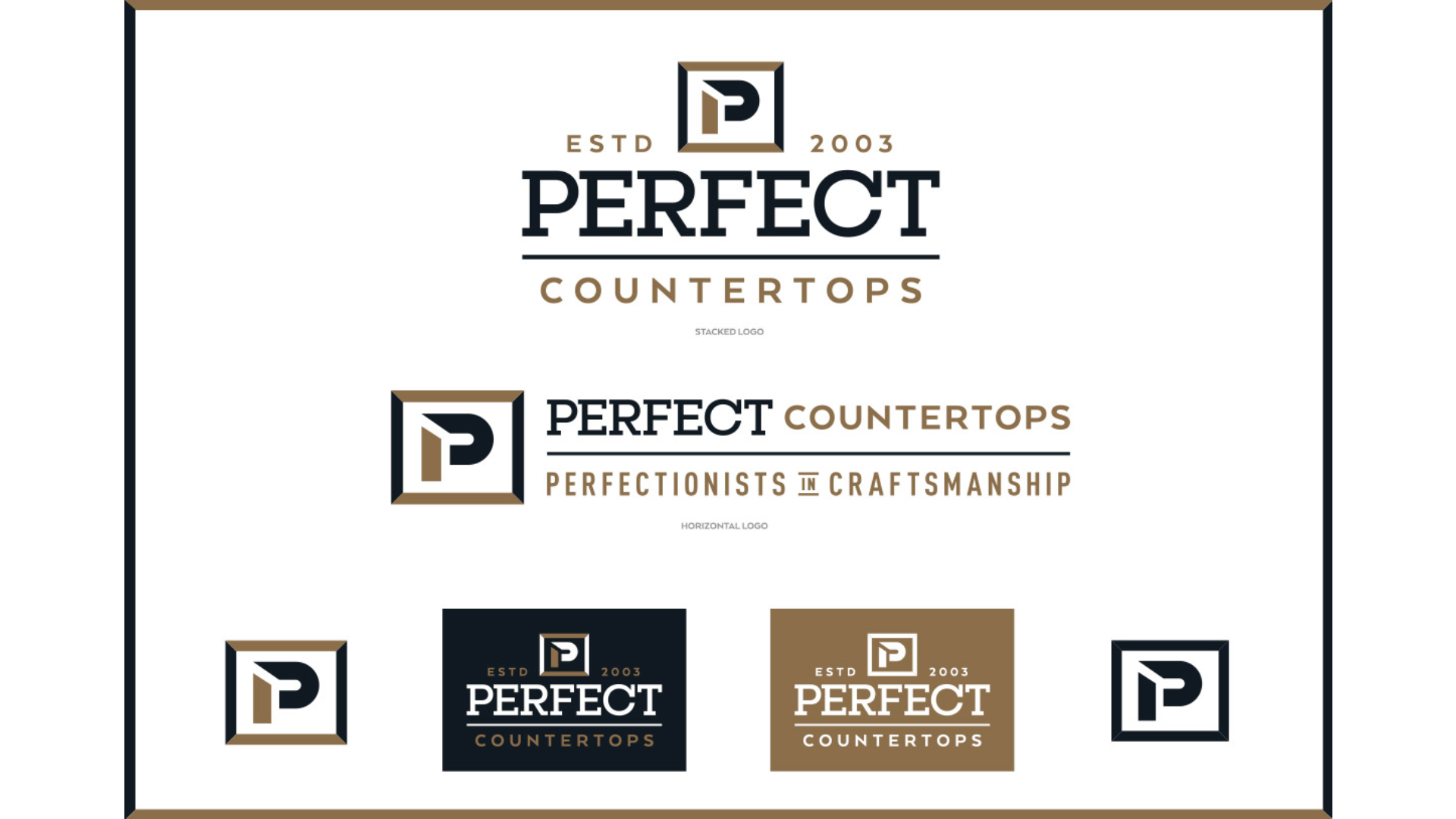 Brand identity layout for Perfect Countertops showcasing multiple logo variations. The primary design features a bold serif “PERFECT” paired with “COUNTERTOPS” in a clean sans-serif, along with the tagline “Perfectionists in Craftsmanship.” A monogram “P” icon sits within a beveled square frame, and logos are displayed in black, white, and gold for a polished, professional aesthetic.
