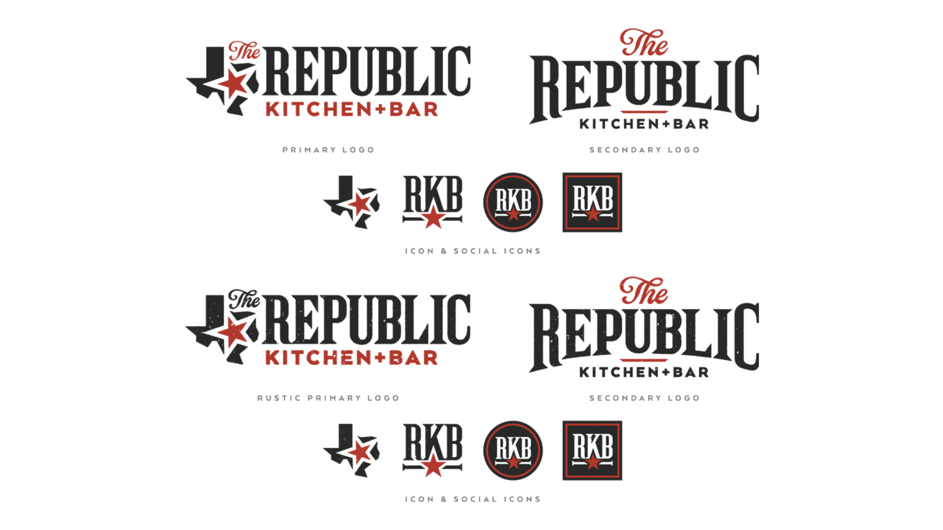 Logo variations for The Republic Kitchen + Bar, including clean and rustic styles. Designs feature bold typography, a red star within the Texas state outline, and abbreviations like “RKB” in circular and square social media icon formats.