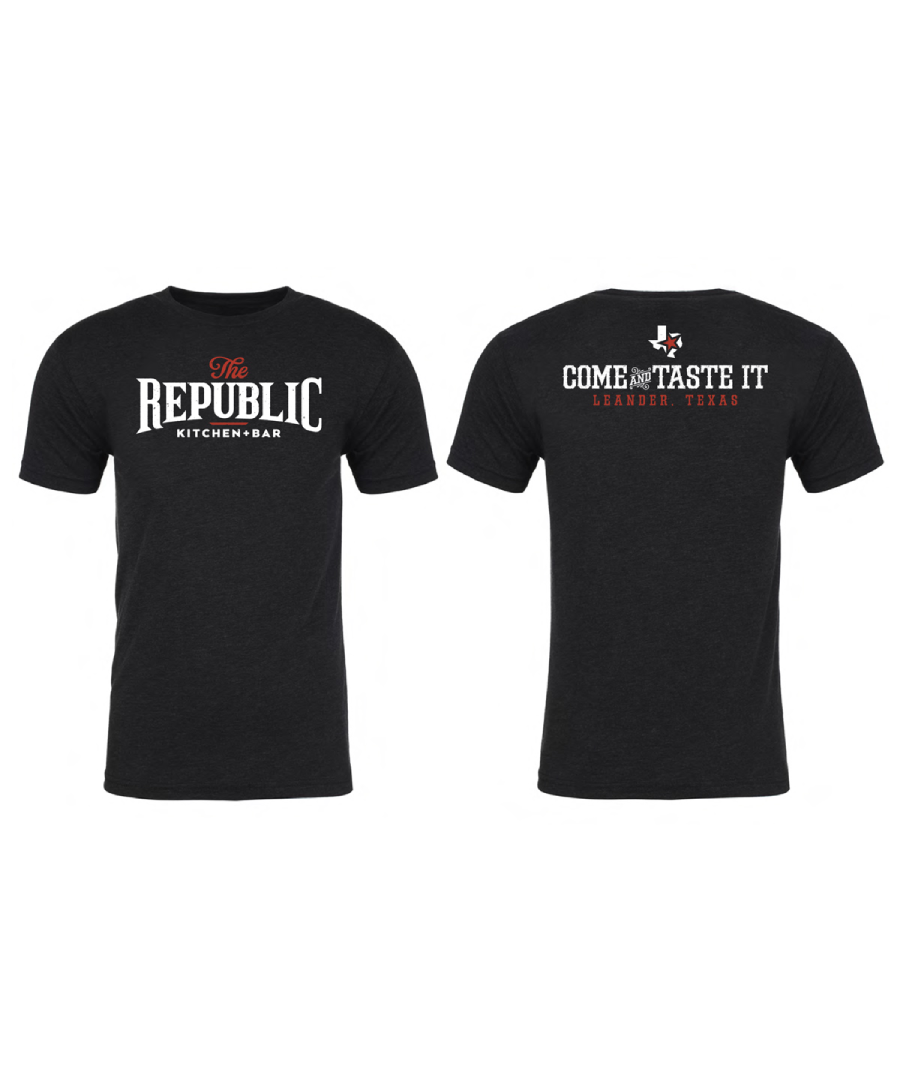 Black t-shirt design for The Republic Kitchen + Bar. The front features the restaurant's logo in white and red, while the back reads “Come and Taste It” with “Leander, Texas” below and a Texas state graphic with a star and cannon icon.